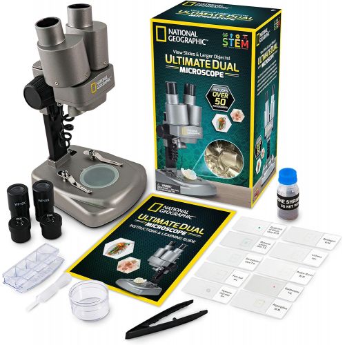  NATIONAL GEOGRAPHIC Dual LED Student Microscope  50+ pc Science Kit Includes Set of 10 Prepared Biological & 10 Blank Slides, Lab Shrimp Experiment, 10x-25x Optical Glass Lenses a