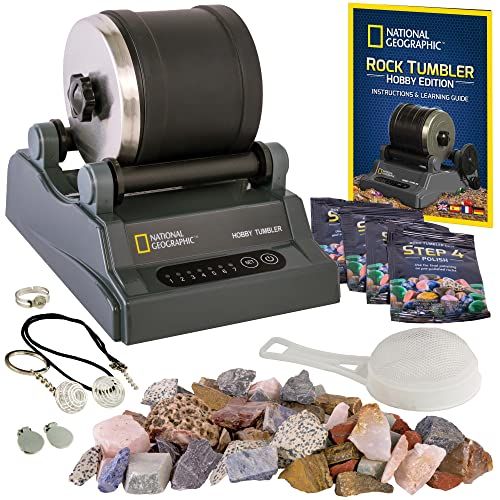  NATIONAL GEOGRAPHIC Hobby Rock Tumbler Kit - Includes Rough Gemstones, 4 Polishing Grits, Jewelry Fastenings and Detailed Learning Guide - Great STEM Science Kit for Mineralogy and