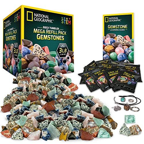  NATIONAL GEOGRAPHIC Rock Tumbler Mega Refill Kit - 3lbs Gemstones of 9 Varieties Including Tigers Eye, Amethyst & Quartz - 4 Grades of Grit, Jewelry Fastenings & Detailed Learning