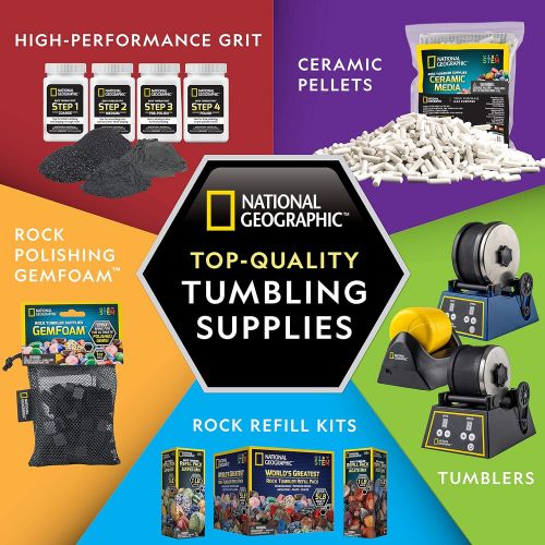  NATIONAL GEOGRAPHIC Rock Tumbler Mega Refill Kit - 3lbs Gemstones of 9 Varieties Including Tigers Eye, Amethyst & Quartz - 4 Grades of Grit, Jewelry Fastenings & Detailed Learning