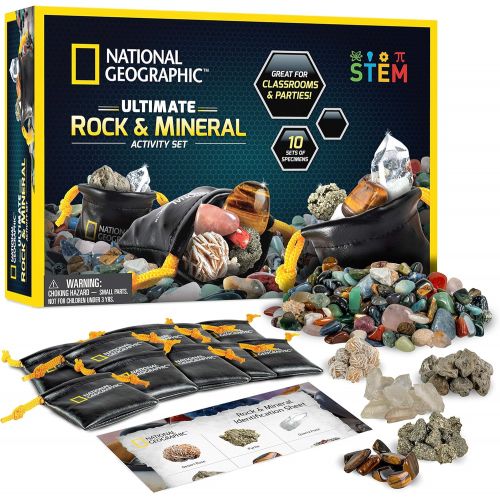  NATIONAL GEOGRAPHIC Rock Party Set  1.25 Lb Assorted Rocks & Gemstones, 10 Specimens Each of Pyrite, Desert Rose, Quartz, Pumice, & Tiger’S Eye, 10 Individual Carry Bags & Identif