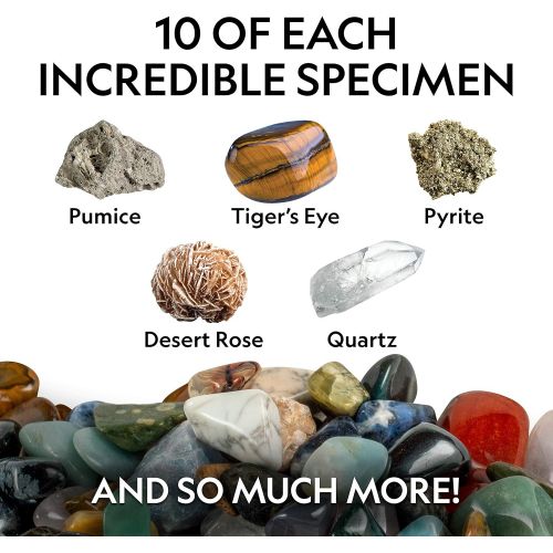  NATIONAL GEOGRAPHIC Rock Party Set  1.25 Lb Assorted Rocks & Gemstones, 10 Specimens Each of Pyrite, Desert Rose, Quartz, Pumice, & Tiger’S Eye, 10 Individual Carry Bags & Identif