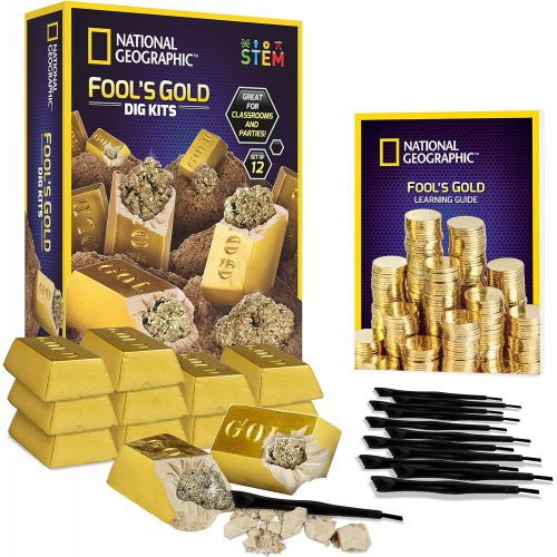  NATIONAL GEOGRAPHIC Fool’s Gold Dig Kit  12 Gold bar Dig Bricks with 2-3 Pyrite Specimens Inside, Party Activity with 12 Excavation Tool Sets, Great Stem Toy for Boys & Girls Or P