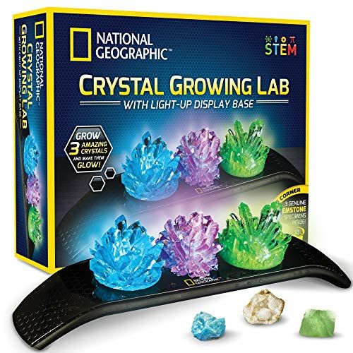  NATIONAL GEOGRAPHIC Crystal Growing Kit - 3 Vibrant Colored Crystals to Grow with Light-Up Display Stand & Guidebook, Includes 3 Real Gemstone Specimens Including A Geode & Green F