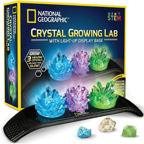  NATIONAL GEOGRAPHIC Crystal Growing Kit - 3 Vibrant Colored Crystals to Grow with Light-Up Display Stand & Guidebook, Includes 3 Real Gemstone Specimens Including A Geode & Green F