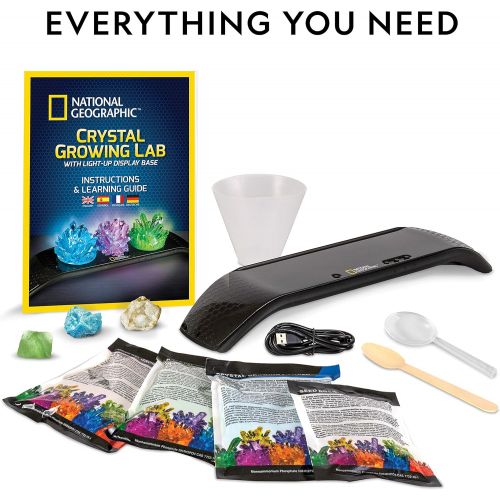  NATIONAL GEOGRAPHIC Crystal Growing Kit - 3 Vibrant Colored Crystals to Grow with Light-Up Display Stand & Guidebook, Includes 3 Real Gemstone Specimens Including A Geode & Green F