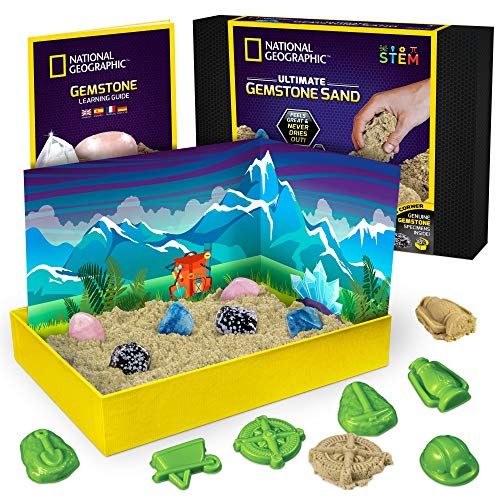  NATIONAL GEOGRAPHIC Gemstone Play Sand - 2 lb of Play Sand, 6 Molds, 6 Real Gemstones, A Kinetic Sensory Sand Activity Kit for Boys & Girls