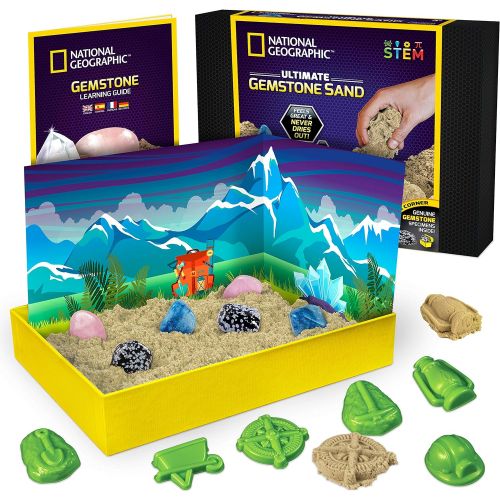  NATIONAL GEOGRAPHIC Gemstone Play Sand - 2 lb of Play Sand, 6 Molds, 6 Real Gemstones, A Kinetic Sensory Sand Activity Kit for Boys & Girls