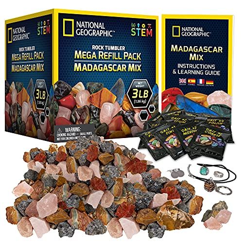  NATIONAL GEOGRAPHIC Rock Tumbler Refill  Mega Madagascar Gemstone Pack, 3 lb of Gemstones Including Rose Quartz, Jasper, Labradorite, & More, Tumbler Grit & Jewelry Settings