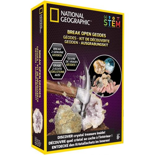  NATIONAL GEOGRAPHIC Break Open 2 Geodes Science Kit  Includes Goggles, Detailed Learning Guide and Display Stand - Great STEM Science gift for Mineralogy and Geology enthusiasts o