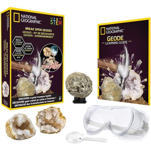  NATIONAL GEOGRAPHIC Break Open 2 Geodes Science Kit  Includes Goggles, Detailed Learning Guide and Display Stand - Great STEM Science gift for Mineralogy and Geology enthusiasts o