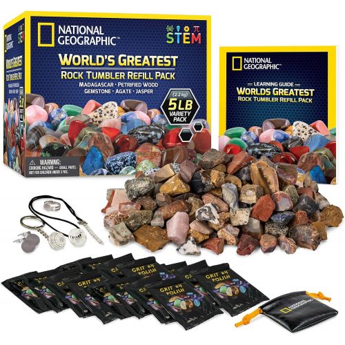  NATIONAL GEOGRAPHIC Rock Tumbler Refill  5 Pound Mix of Rocks and Gemstones for Rock Tumblers, Includes Agate, Jasper, Petrified Wood, Gemstone, and More, 5 Jewelry Settings and P