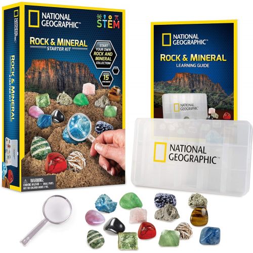  NATIONAL GEOGRAPHIC Rocks and Minerals Education Set  15-Piece Rock Collection Starter Kit with Tiger’s Eye, Rose Quartz, Red Jasper, and More, Display Case and Identification Gui