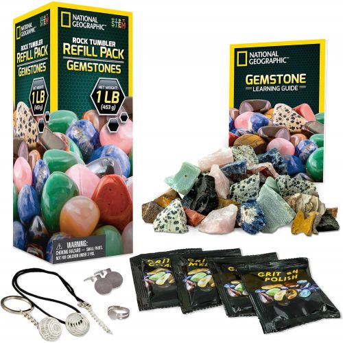  NATIONAL GEOGRAPHIC Rock Tumbler Refill Kit - Gemstone Mix of 9 varieties including Tigers Eye, Amethyst and Quartz - Comes with 4 grades of Grit, Jewelry Fastenings and detailed L