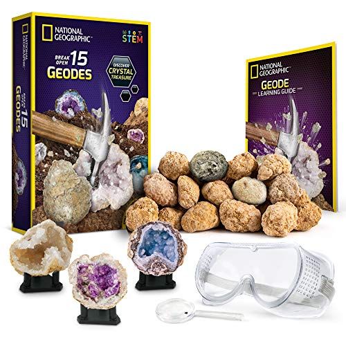  NATIONAL GEOGRAPHIC - Break Open 15 Premium Geodes  Includes Goggles, Detailed Learning Guide & 3 Display Stands - Great Stem Science Gift for Mineralogy & Geology Enthusiasts of