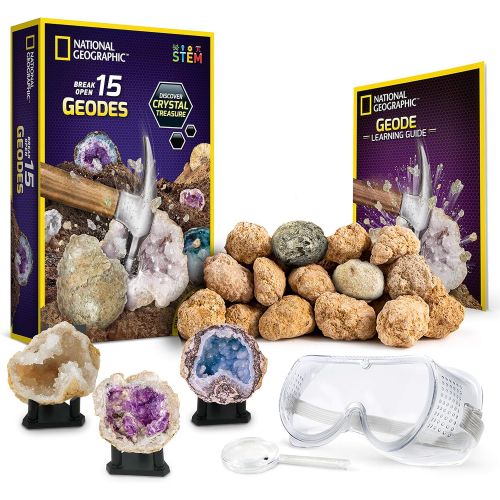  NATIONAL GEOGRAPHIC - Break Open 15 Premium Geodes  Includes Goggles, Detailed Learning Guide & 3 Display Stands - Great Stem Science Gift for Mineralogy & Geology Enthusiasts of