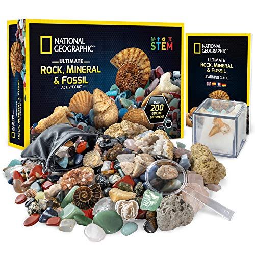  NATIONAL GEOGRAPHIC Rocks & Fossils Kit  200 Piece Set Includes Geodes, Real Fossils, Rose Quartz, Jasper, Aventurine, & Many More Rocks, Crystals & Gemstones