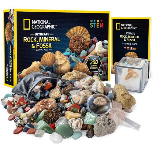  NATIONAL GEOGRAPHIC Rocks & Fossils Kit  200 Piece Set Includes Geodes, Real Fossils, Rose Quartz, Jasper, Aventurine, & Many More Rocks, Crystals & Gemstones