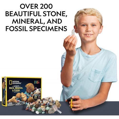  NATIONAL GEOGRAPHIC Rocks & Fossils Kit  200 Piece Set Includes Geodes, Real Fossils, Rose Quartz, Jasper, Aventurine, & Many More Rocks, Crystals & Gemstones