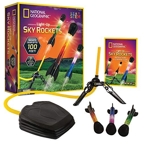  [아마존베스트]NATIONAL GEOGRAPHIC Air Rocket Toy  Ultimate LED Rocket Launcher for Kids, Stomp and Launch the Light Up, Air Powered, Foam Tipped Rockets up to 100 Feet