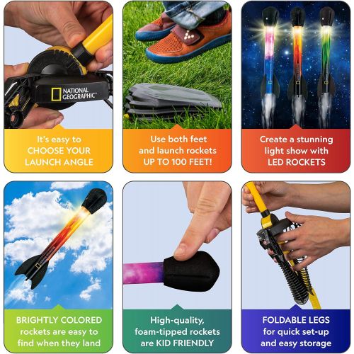  [아마존베스트]NATIONAL GEOGRAPHIC Air Rocket Toy  Ultimate LED Rocket Launcher for Kids, Stomp and Launch the Light Up, Air Powered, Foam Tipped Rockets up to 100 Feet