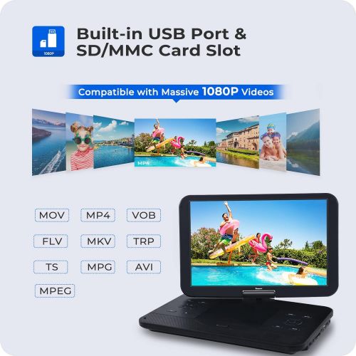  [아마존베스트]NAVISKAUTO 14 Portable Blu-Ray DVD Player with 1920X1080 HD Large Screen, 4000mAh Rechargeable Battery, Support HDMI in/Out, USB/SD Card Reader, MP4 Video Playback (HDMI Cable Incl