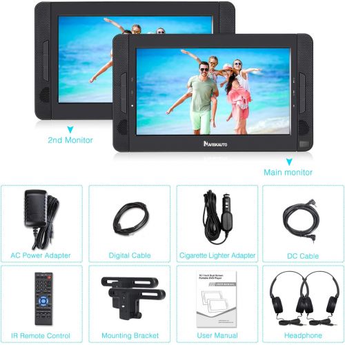  [아마존베스트]NAVISKAUTO 10.5 Dual Screen Portable DVD Player for Car with HDMI Input, Headrest Video Player with Headphones and Mounting Bracket, 5-Hour Rechargeable Battery