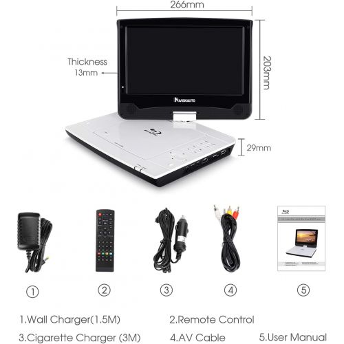  10.1 Portable Blu Ray DVD Player Support 3-5 Hours, HDMI Output, AV Out & in, 1080P HD, USB SD - NAVISKAUTO