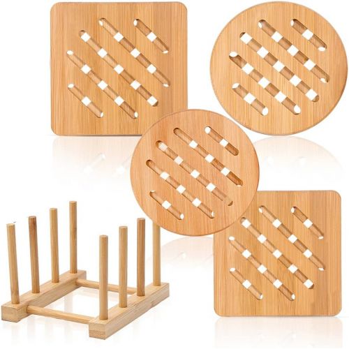  [아마존베스트]Bamboo Trivet, NC Home Kitchen Bamboo Hot Pads Trivet, Heat Resistant Pads Teapot Trivet, Square and Round (Multi-size, Pack of 4)