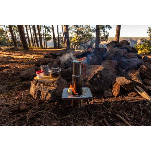  NCamp nCamp Kitchen to Go Original, Portable Compact Wood Burning Camping Stove, Elevated Bamboo Cutting Board Prep Surface Combo, Espresso Style Camping Coffee Maker, Fire Starter Stick