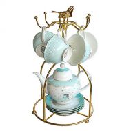 NDHT Bone China 4 Sets Coffee Cups and 6.7 Ceramic Teapot Coffee Pot with Lid,Blue,with a Bracket