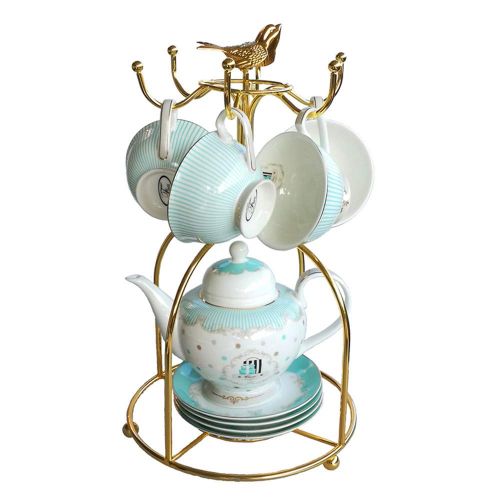  NDHT Bone China 4 Sets Coffee Cups and 6.7 Ceramic Teapot Coffee Pot with Lid,Blue,with a Bracket