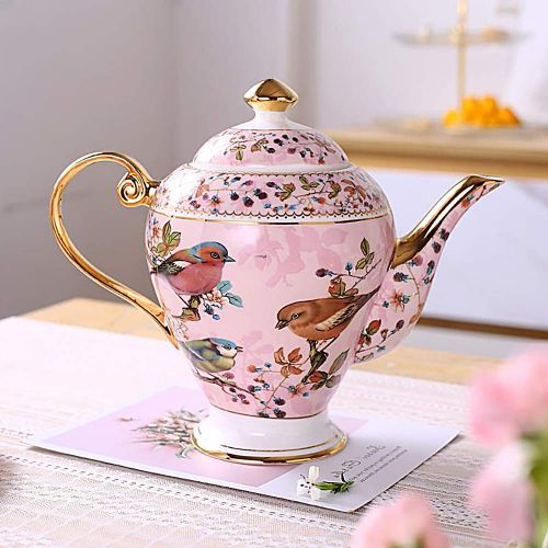 NDHT Bone China 9.5 Ceramic Teapot Coffee Pot with Lid,Pink Bird,1000ml,25X25X9 cm,with gift box