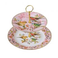 NDHT 2 Tier Porcelain Bone China Square Cake Plate Stand,White & Green,Height:10.‘’¨/Edge Length:8‘’&10‘’,Pink Bird,Golden Edge