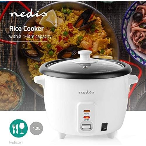  [아마존베스트]Nedis - Rice Cooker - 400 Watt - 1.0 Litre Capacity - Automatic Warming Level - Steamer Insert - Cup Included - White