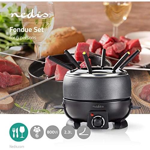  [아마존베스트]Nedis Fondue set, 6 people, 2.3 L, 800 W, adjustable temperature regulation, removable fork ring,non-stick coating,6 fondue forks - cool touch handle, black