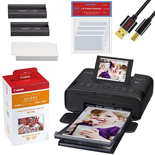  Canon SELPHY CP1300 Wireless Compact Photo Printer (Black) + Canon RP-108 Color Ink Paper Set (108 Sheets of 4 x 6 Paper) + NeeGo Printer Cable + NeeGo Print Protector (100 Pack)