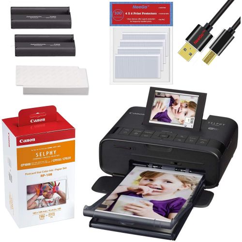  Canon SELPHY CP1300 Wireless Compact Photo Printer (Black) + Canon RP-108 Color Ink Paper Set (108 Sheets of 4 x 6 Paper) + NeeGo Printer Cable + NeeGo Print Protector (100 Pack)