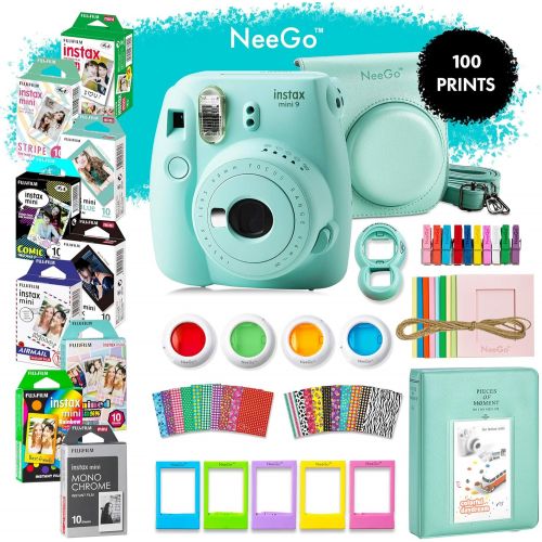  NEEGO NeeGo Instax Mini 9 Instant Camera Bundle  Deluxe Kit with Camera, Matching Case & 9 Fun Film Packs100 Exposures for Instant Creative Photos-Ice Blue