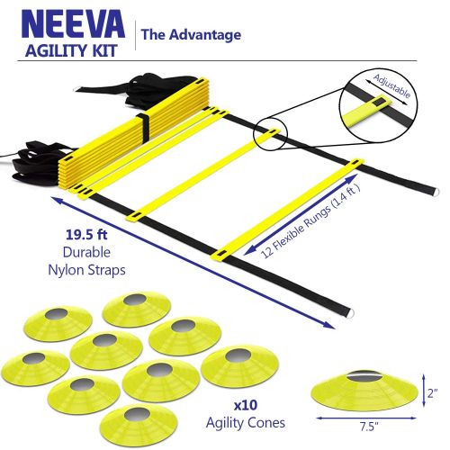  NEEVA Speed Agility Training Kit- Set of Premium Agility Ladder, 10 Disc Cones, Resistance Running Parachute, Jumping Rope, Mini Loop Bands & Sport Drills eBook