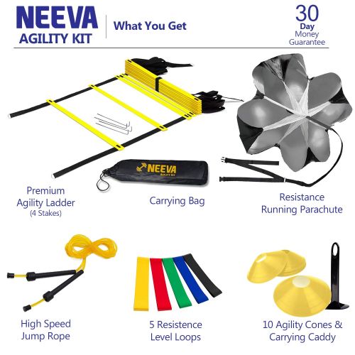  NEEVA Speed Agility Training Kit- Set of Premium Agility Ladder, 10 Disc Cones, Resistance Running Parachute, Jumping Rope, Mini Loop Bands & Sport Drills eBook