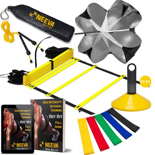  NEEVA Speed Agility Training Kit- Set of Premium Agility Ladder, 10 Disc Cones, Resistance Running Parachute, Jumping Rope, Mini Loop Bands & Sport Drills eBook