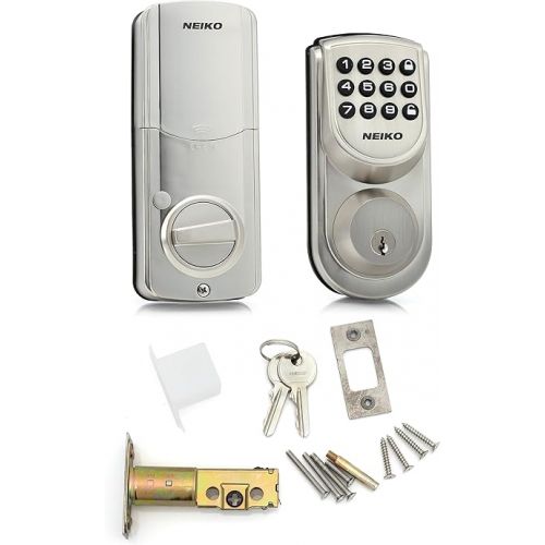  Neiko 52909A Keyless Electronic Deadbolt Door Lock, Brushed Silver, Battery Powered, Keypad Entry, Auto Locking, 2 Keys Included
