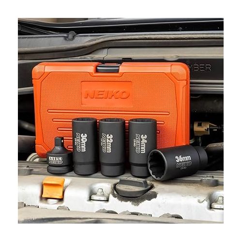  NEIKO 02530A 5 Piece 12 Point Socket Set 1/2” Drive, Lug Nut Remover, Spindle Nut Socket, Axle Nut Socket Set, Metric 30mm - 36mm Socket 1/2 Drive Impact Set, Cr-Mo Impact Adapter, 3/4