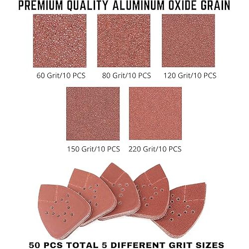  NEIKO 11272A 50pc Hook & Loop Mouse Sandpaper Assortment 60, 80, 120, 150, 220 Grit Sanding Pads for Mouse Sander, Mouse Sander Sandpaper, Triangle Sanding Pads, Mouse Sander Pads, Mouse Sander Paper