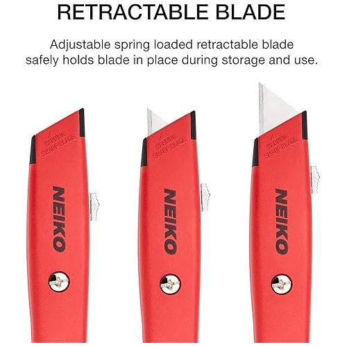  NEIKO 00679A Safety Box Cutter, Retractable Utility Knife, 2 Pack, 3 Extra Razor Blade Refills with Every Cardboard Box Knife, Razor Knife, Carpet Cutter, Self Lock Box Opener, Hobby Knife