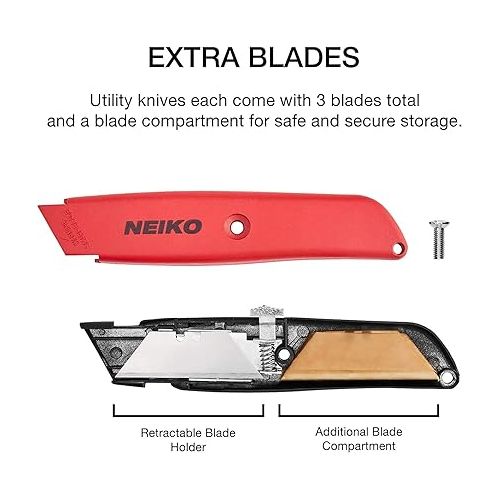  NEIKO 00679A Safety Box Cutter, Retractable Utility Knife, 2 Pack, 3 Extra Razor Blade Refills with Every Cardboard Box Knife, Razor Knife, Carpet Cutter, Self Lock Box Opener, Hobby Knife