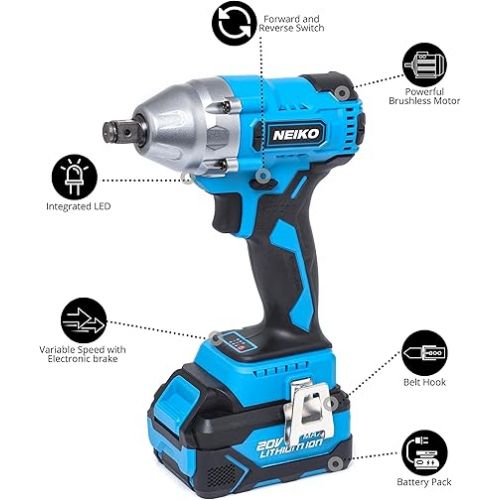  NEIKO 10883A Brushless Cordless Impact Wrench 1/2 Inch-Drive, 20-Volt Compact Impact, Cordless Power 1/2