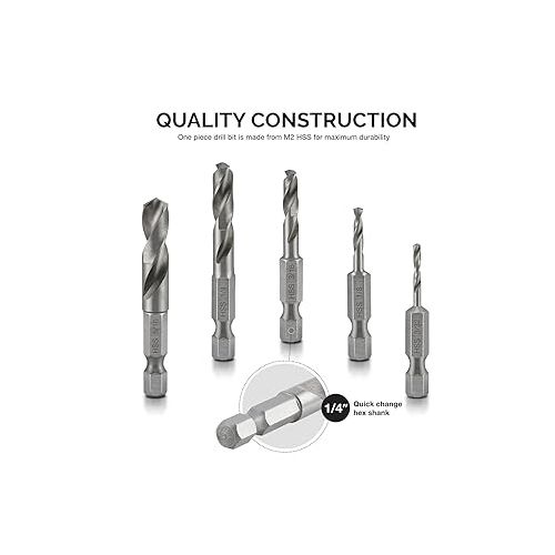  NEIKO 11402A Stubby Drill Bit Set for Metal, 5 Piece 1/4