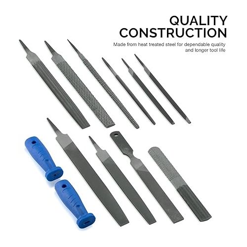  NEIKO 00109A Metal File and Rasp Set | 12 Piece, 10, 8, and 6 Inch Extra Slim Flat, Half, Mill, and Round Files Set | Non Slip PVC Handle, Wood File | Heat Treated Carbon Steel Two Way File